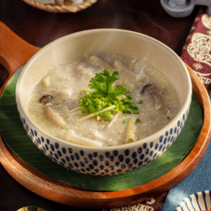 Cháo nấm thịt bầm trứng gà